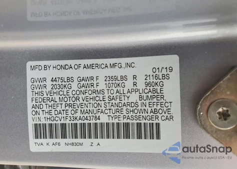 2019 Honda Accord Sport from USA, damaged, VIN 1HGCV1F33KA043784